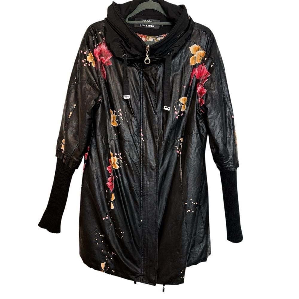 Rintieva Floral Print Faux Leather Jacket Size M Artsy Boho Statement Coat